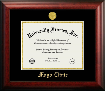 Mayo Clinic Diploma Frame in Satin Mahogany with Black & Gold Mats for document: 8 1/2"h x 11"w  