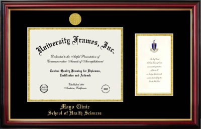 Mayo Clinic School of Health Sciences Diploma with Announcement Frame in Petite Mahogany with Gold Trim with Black & Gold Mats for document: 8 1/2"h x 11"w  , diploma: 7"h x 4"w  