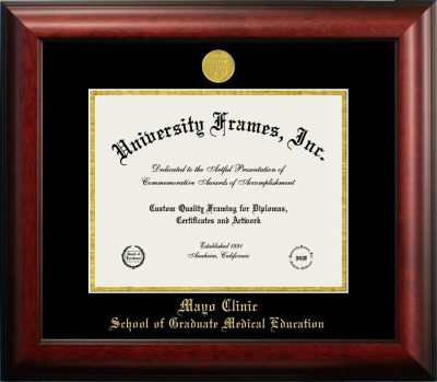Mayo Clinic School of Graduate Medical Education Diploma Frame in Satin Mahogany with Black & Gold Mats for document: 8 1/2"h x 11"w  
