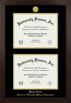 Mayo Clinic School of Graduate Medical Education Double Diploma Frame in Manhattan Espresso with Black & Gold Mats for document: 8 1/2"h x 11"w  , document: 8 1/2"h x 11"w  