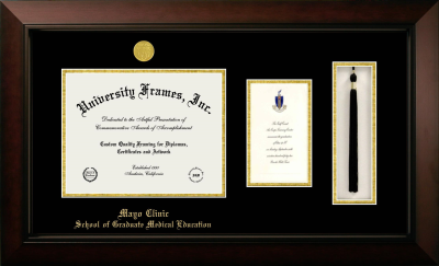 Mayo Clinic School of Graduate Medical Education Diploma with Announcement & Tassel Box Frame in Legacy Black Cherry with Black & Gold Mats for document: 8 1/2"h x 11"w  , diploma: 7"h x 4"w  