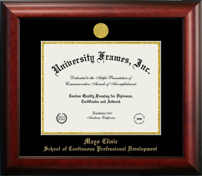 Mayo Clinic School of Continuous Professional Development Diploma Frame in Satin Mahogany with Black & Gold Mats for document: 8 1/2"h x 11"w  