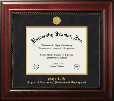 Mayo Clinic School of Continuous Professional Development Diploma Frame in Executive with Gold Fillet with Black Suede Mat for document: 8 1/2"h x 11"w  