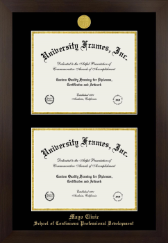 Mayo Clinic School of Continuous Professional Development Double Diploma Frame in Manhattan Espresso with Black & Gold Mats for document: 8 1/2"h x 11"w  , document: 8 1/2"h x 11"w  