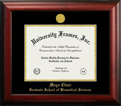 Mayo Clinic Graduate School of Biomedical Sciences Diploma Frame in Satin Mahogany with Black & Gold Mats for document: 8 1/2"h x 11"w  