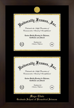 Mayo Clinic Graduate School of Biomedical Sciences Double Diploma Frame in Manhattan Espresso with Black & Gold Mats for document: 8 1/2"h x 11"w  , document: 8 1/2"h x 11"w  