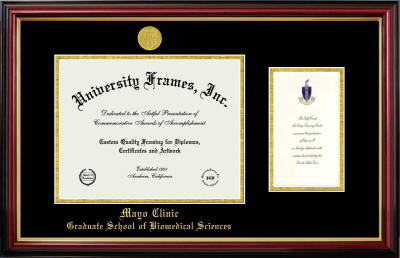 Mayo Clinic Graduate School of Biomedical Sciences Diploma with Announcement Frame in Petite Mahogany with Gold Trim with Black & Gold Mats for document: 8 1/2"h x 11"w  , diploma: 7"h x 4"w  
