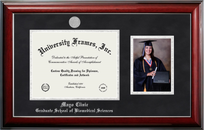 Mayo Clinic Graduate School of Biomedical Sciences Diploma with 5 x 7 Portrait Frame in Classic Mahogany with Silver Trim with Black Suede & Silver Mats for document: 8 1/2"h x 11"w  