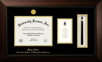 Mayo Clinic Graduate School of Biomedical Sciences Diploma with Announcement & Tassel Box Frame in Legacy Black Cherry with Black & Gold Mats for document: 8 1/2"h x 11"w  , diploma: 7"h x 4"w  