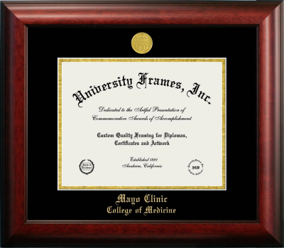 Mayo Clinic College of Medicine (former name) Diploma Frame in Satin Mahogany with Black & Gold Mats for document: 8 1/2"h x 11"w  