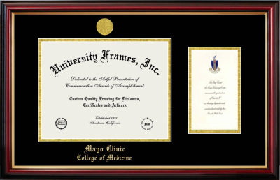 Mayo Clinic College of Medicine (former name) Diploma with Announcement Frame in Petite Mahogany with Gold Trim with Black & Gold Mats for document: 8 1/2"h x 11"w  , diploma: 7"h x 4"w  