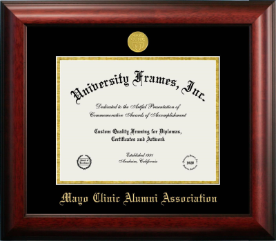 Mayo Clinic Alumni Association Diploma Frame in Satin Mahogany with Black & Gold Mats for document: 8 1/2"h x 11"w  