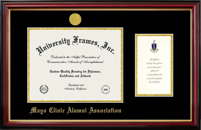 Mayo Clinic Alumni Association Diploma with Announcement Frame in Petite Mahogany with Gold Trim with Black & Gold Mats for document: 8 1/2"h x 11"w  , diploma: 7"h x 4"w  