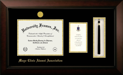 Mayo Clinic Alumni Association Diploma with Announcement & Tassel Box Frame in Legacy Black Cherry with Black & Gold Mats for document: 8 1/2"h x 11"w  , diploma: 7"h x 4"w  