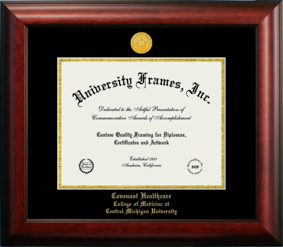 Covenant Healthcare College of Medicine at Central Michigan University Diploma Frame in Satin Mahogany with Black & Gold Mats for document: 8 1/2"h x 11"w  