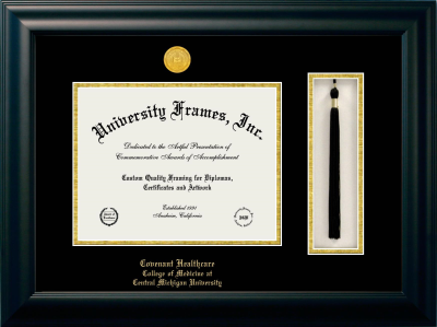 Covenant Healthcare College of Medicine at Central Michigan University Diploma with Tassel Box Frame in Satin Black with Black & Gold Mats for document: 8 1/2"h x 11"w  
