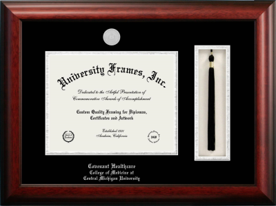 Covenant Healthcare College of Medicine at Central Michigan University Diploma with Tassel Box Frame in Satin Mahogany with Black & Silver Mats for document: 8 1/2"h x 11"w  