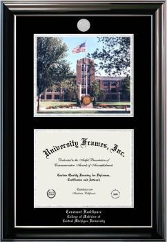 Covenant Healthcare College of Medicine at Central Michigan University Double Opening with Campus Image (Stacked) Frame in Classic Ebony with Silver Trim with Black & Silver Mats for document: 8 1/2"h x 11"w  