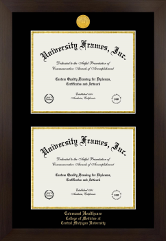 Covenant Healthcare College of Medicine at Central Michigan University Double Diploma Frame in Manhattan Espresso with Black & Gold Mats for document: 8 1/2"h x 11"w  , document: 8 1/2"h x 11"w  