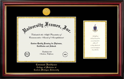 Covenant Healthcare College of Medicine at Central Michigan University Diploma with Announcement Frame in Petite Mahogany with Gold Trim with Black & Gold Mats for document: 8 1/2"h x 11"w  , diploma: 7"h x 4"w  
