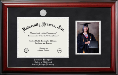 Covenant Healthcare College of Medicine at Central Michigan University Diploma with 5 x 7 Portrait Frame in Classic Mahogany with Silver Trim with Black Suede & Silver Mats for document: 8 1/2"h x 11"w  