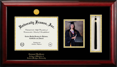 Covenant Healthcare College of Medicine at Central Michigan University Diploma with 5 x 7 Portrait & Tassel Box Frame in Classic Mahogany with Black & Gold Mats for document: 8 1/2"h x 11"w  