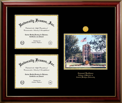 Covenant Healthcare College of Medicine at Central Michigan University Triple Opening with Campus Image Frame in Classic Mahogany with Gold Trim with Black & Gold Mats for document: 8 1/2"h x 11"w  , document: 8 1/2"h x 11"w  