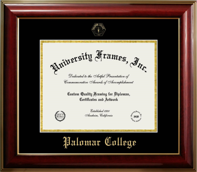 Palomar College Diploma Frame in Classic Mahogany with Gold Trim with Black & Gold Mats for document: 8 1/2"h x 11"w  