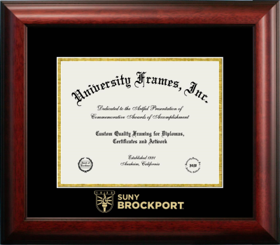 SUNY Brockport Wordmark Diploma Frame in Satin Mahogany with Black & Gold Mats for document: 8 1/2"h x 11"w  