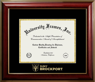 SUNY Brockport Wordmark Diploma Frame in Classic Mahogany with Gold Trim with Black & Gold Mats for document: 8 1/2"h x 11"w  