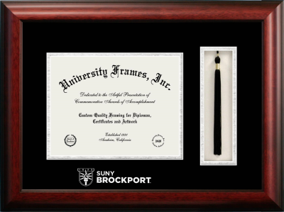SUNY Brockport Wordmark Diploma with Tassel Box Frame in Satin Mahogany with Black & Silver Mats for document: 8 1/2"h x 11"w  