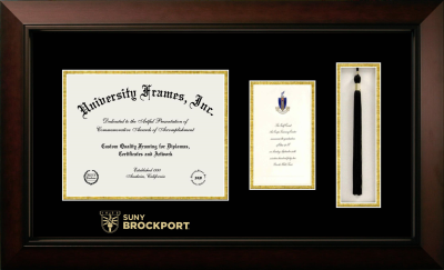 SUNY Brockport Wordmark Diploma with Announcement & Tassel Box Frame in Legacy Black Cherry with Black & Gold Mats for document: 8 1/2"h x 11"w  , diploma: 7"h x 4"w  