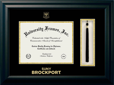 SUNY Brockport Diploma with Tassel Box Frame in Satin Black with Black & Gold Mats for  8"h x 10"w  