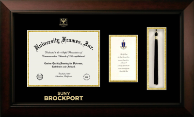 SUNY Brockport Diploma with Announcement & Tassel Box Frame in Legacy Black Cherry with Black & Gold Mats for  8"h x 10"w  , diploma: 7"h x 4"w  