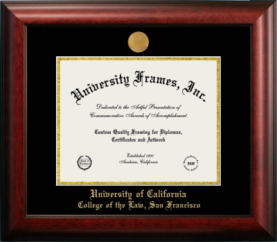 University of California College of the Law, San Francisco Diploma Frame in Satin Mahogany with Black & Gold Mats for document: 8 1/2"h x 11"w  