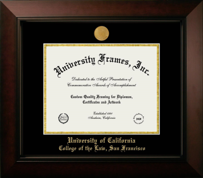 University of California College of the Law, San Francisco Diploma Frame in Legacy Black Cherry with Black & Gold Mats for document: 8 1/2"h x 11"w  