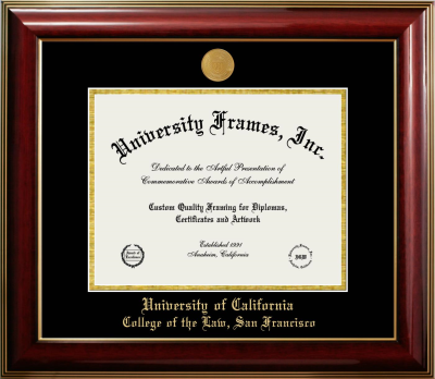 University of California College of the Law, San Francisco Diploma Frame in Classic Mahogany with Gold Trim with Black & Gold Mats for document: 8 1/2"h x 11"w  