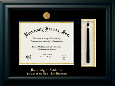 University of California College of the Law, San Francisco Diploma with Tassel Box Frame in Satin Black with Black & Gold Mats for document: 8 1/2"h x 11"w  
