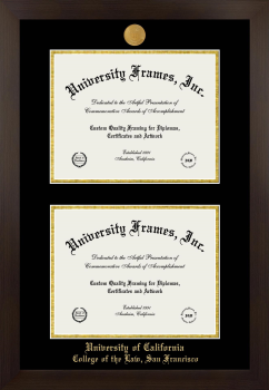 University of California College of the Law, San Francisco Double Diploma Frame in Manhattan Espresso with Black & Gold Mats for document: 8 1/2"h x 11"w  , document: 8 1/2"h x 11"w  