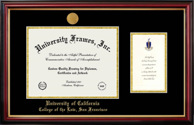 University of California College of the Law, San Francisco Diploma with Announcement Frame in Petite Mahogany with Gold Trim with Black & Gold Mats for document: 8 1/2"h x 11"w  , diploma: 7"h x 4"w  