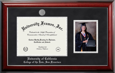 University of California College of the Law, San Francisco Diploma with 5 x 7 Portrait Frame in Classic Mahogany with Silver Trim with Black Suede & Silver Mats for document: 8 1/2"h x 11"w  