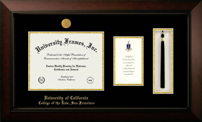 University of California College of the Law, San Francisco Diploma with Announcement & Tassel Box Frame in Legacy Black Cherry with Black & Gold Mats for document: 8 1/2"h x 11"w  , diploma: 7"h x 4"w  
