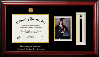 University of California College of the Law, San Francisco Diploma with 5 x 7 Portrait & Tassel Box Frame in Classic Mahogany with Black & Gold Mats for document: 8 1/2"h x 11"w  