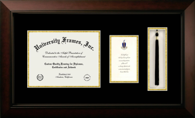 Wallace Community College Diploma with Announcement & Tassel Box Frame in Legacy Black Cherry with Black & Gold Mats for document: 8 1/2"h x 11"w  , diploma: 7"h x 4"w  