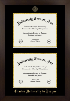 Charles University in Prague Double Diploma Frame in Manhattan Espresso with Black & Gold Mats for document: 8 1/2"h x 11"w  , document: 8 1/2"h x 11"w  