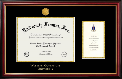 Western Governors University Diploma with Announcement Frame in Petite Mahogany with Gold Trim with Black & Gold Mats for  8 1/2"h x 11"w  , diploma: 7"h x 4"w  
