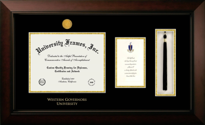 Western Governors University Diploma with Announcement & Tassel Box Frame in Legacy Black Cherry with Black & Gold Mats for  8 1/2"h x 11"w  , diploma: 7"h x 4"w  
