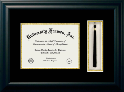 Pacific College of Health & Science Diploma with Tassel Box Frame in Satin Black with Black & Gold Mats for document: 8 1/2"h x 11"w  