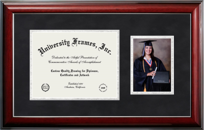 Pacific College of Health & Science Diploma with 5 x 7 Portrait Frame in Classic Mahogany with Silver Trim with Black Suede & Silver Mats for document: 8 1/2"h x 11"w  