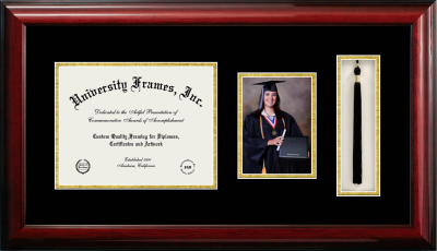 Pacific College of Health & Science Diploma with 5 x 7 Portrait & Tassel Box Frame in Classic Mahogany with Black & Gold Mats for document: 8 1/2"h x 11"w  